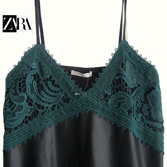 ZARA NEW Goth Embroidered-Lace Sweetheart Faux Leather Spaghetti Strap Dress M - Picture 6 of 11